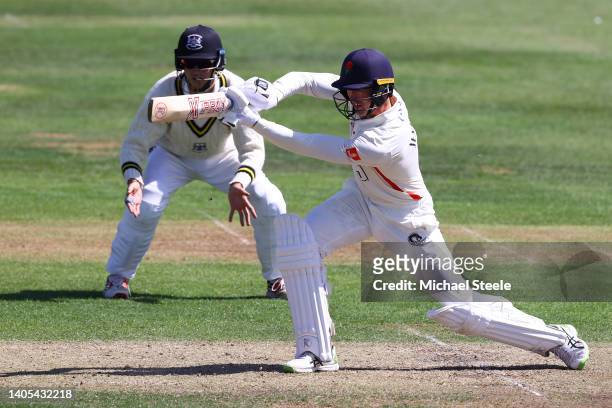 Keaton Jennings of Lancashire hits to the offside during day two of the LV= Insurance County Championship match between Gloucestershire and...