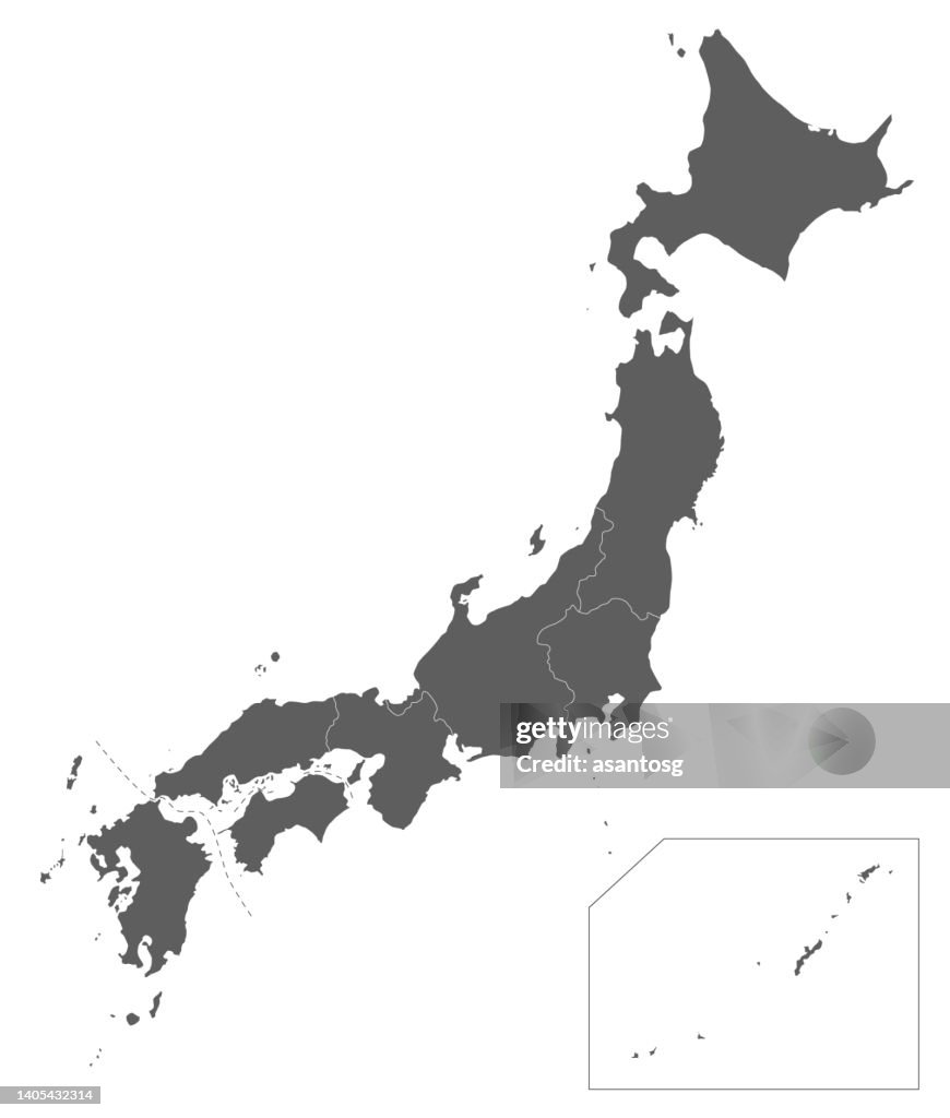 Japan Map Fill In Vector Blank Map Of Japan With Regions And Administrative Divisions ...