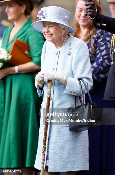 Queen Elizabeth II attends The Ceremony of the Keys on the forecourt of the Palace of Holyroodhouse on June 27, 2022 in Edinburgh, Scotland. Members...