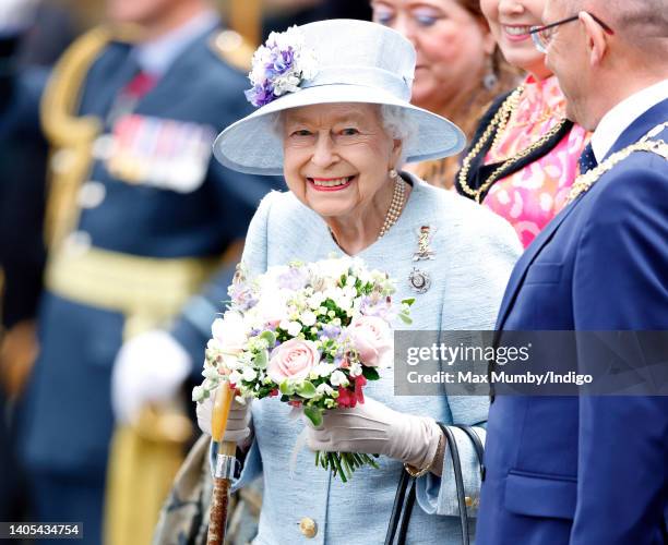 Queen Elizabeth II attends The Ceremony of the Keys on the forecourt of the Palace of Holyroodhouse on June 27, 2022 in Edinburgh, Scotland. Members...