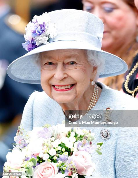 Queen Elizabeth II attends The Ceremony of the Keys on the forecourt of the Palace of Holyroodhouse on June 27, 2022 in Edinburgh, Scotland. Members...