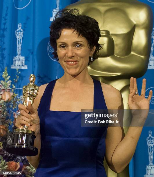 Oscar Winner Frances McDormand backstage at Academy Awards Show, March 24 1997 in Los Angeles, California.