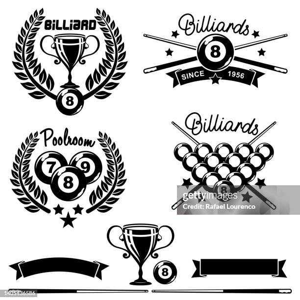 collection of billiards or poolroom club design icons - pool balls and sticks stock illustrations