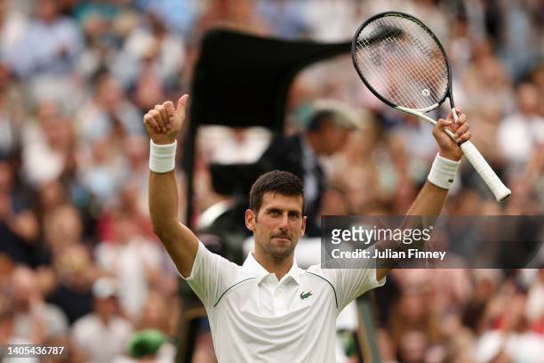 Novak Djokovic of Serbia celebrates winning against Soonwoo Kwon of South Korea during the Men's Singles First Round match during Day One of The...