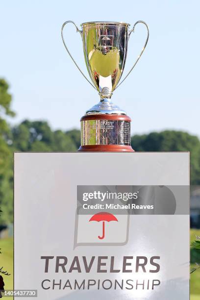 General view of the Travelers Championship trophy at TPC River Highlands on June 26, 2022 in Cromwell, Connecticut.