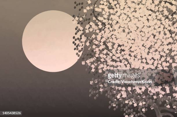 朝の空と開花木を背景に月を持つ風景 - 桜　イラスト点のイラスト素材／クリップアート素材／マンガ素材／アイコン素材