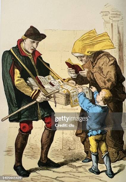 stockillustraties, clipart, cartoons en iconen met a 15th-century peddler offers alphabet tablets and prayer books for sale - bookstand