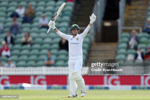Marizanne Kapp of South Africa celebrates after reaching their century during Day One of the First Test Match between England Women and South Africa...