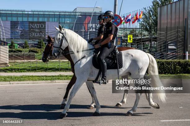 Mounted police patrol near IFEMA before a NATO Summit on June 27, 2022 in Madrid, Spain. During the summit in Madrid, on June 29 NATO leaders will...