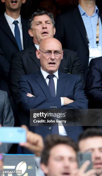 President of French Rugby Federation FFR Bernard Laporte, above President of Stade Toulousain Didier Lacroix attend the Top 14 Final rugby match...