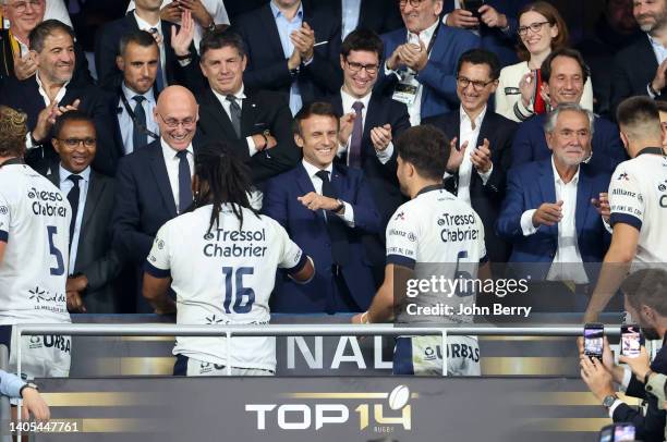 French Minister of Education Pap Ndiaye, President of French Rugby Federation FFR Bernard Laporte, French President Emmanuel Macron with Brandon...