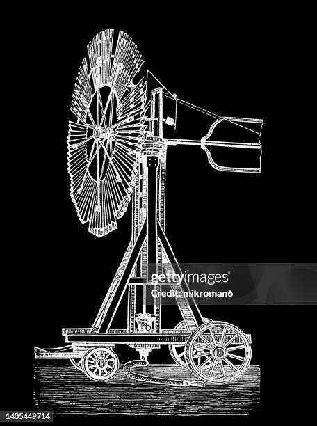 Old Engraving Illustration Of Wind Engine Wind Motor, Stock-Foto
