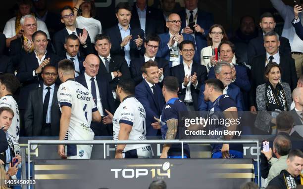 French Minister of Education Pap Ndiaye, President of French Rugby Federation FFR Bernard Laporte, French President Emmanuel Macron, President of...