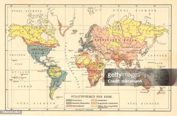old chromolithograph map showing forms of government and colonial constitutions in world - old world map stock pictures, royalty-free photos & images