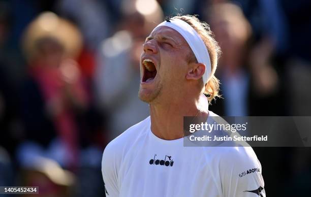 Alejandro Davidovich Fokina of Spain celebrates winning match point against Hubert Hurkacz of Poland during the Men's Singles First Round match...