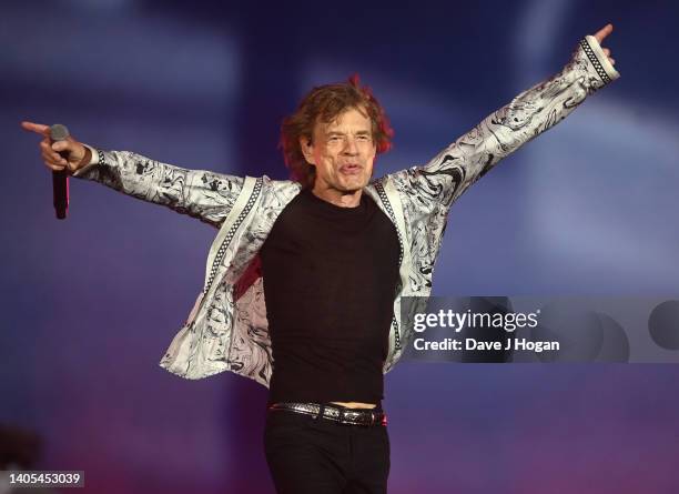 Mick Jagger of the Rolling Stones performs at American Express present BST Hyde Park at Hyde Park on June 25, 2022 in London, England.