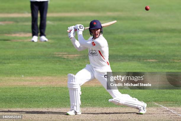 Keaton Jennings of Lancashire plays to the offside during day two of the LV= Insurance County Championship match between Gloucestershire and...