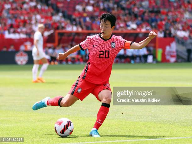 Hyeri Kim of South Korea kicks the ball during a friendly match against Canada at BMO Field on June 26, 2022 in Toronto, Ontario, Canada.