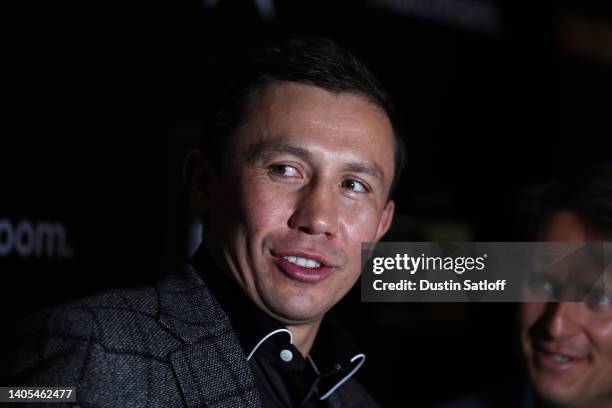 Gennadiy Golovkin answers questions on the red carpet before the press conference with boxer Canelo Alvarez on June 27, 2022 in New York City.