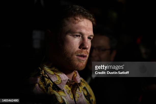 Canelo Alvarez is interviewed on the red carpet before the press conference with boxer Gennadiy Golovkin on June 27, 2022 in New York City.