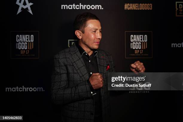 Gennady Golovkin poses for a photo on the red carpet before the press conference with boxer Canelo Alvarez on June 27, 2022 in New York City.