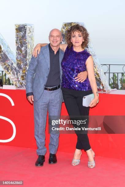 Aldo Baglio and Lucia Ocone attend the red carpet at the Taormina Film Fest 2022 on June 27, 2022 in Taormina, Italy.