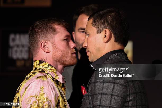 Boxers Canelo Alvarez and Gennady Golovkin face off during a press conference on June 27, 2022 in New York City.