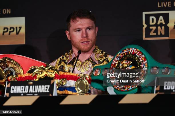 Canelo Alvarez speaks during a press conference ahead of his fight with Gennady Golovkin on June 27, 2022 in New York City.
