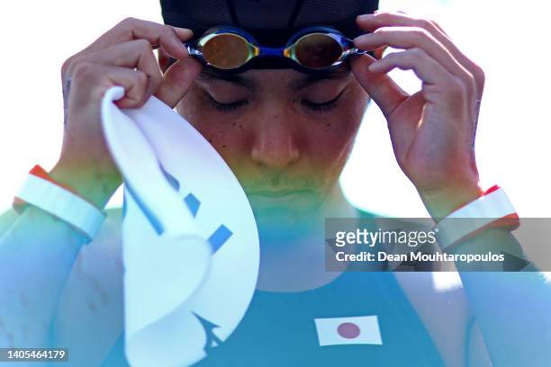 Kaiki Furuhata of Team Japan prepares to compete in the Open Water Mixed 6km Relay on day one of the Budapest 2022 FINA World Championships at Lake...
