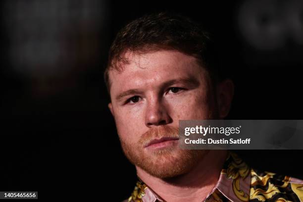 Boxer Canelo Alvarez looks on during the press conference during the press tour for his fight against Gennady Golovkin on June 27, 2022 in New York...