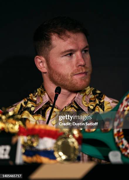 Boxer Canelo Alvarez looks on during the press conference during the press tour for his fight against Gennady Golovkin on June 27, 2022 in New York...