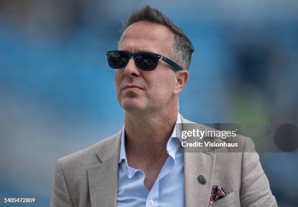 Television commentator Michael Vaughan during day five of the Third Test Match between England and New Zealand at Headingley on June 27, 2022 in...