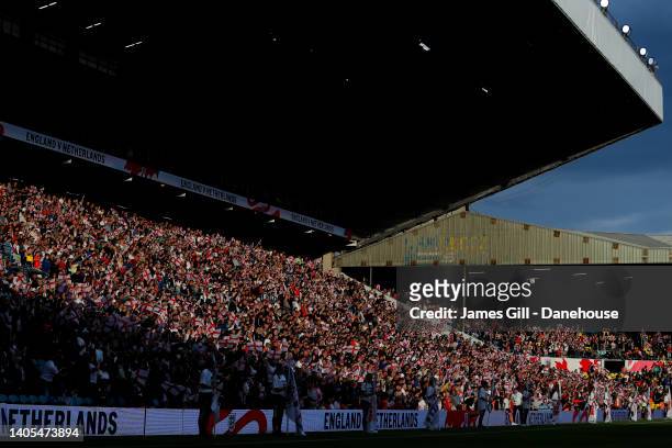 England supporters look on during the Women's International friendly match between England and Netherlands at Elland Road on June 24, 2022 in Leeds ,...