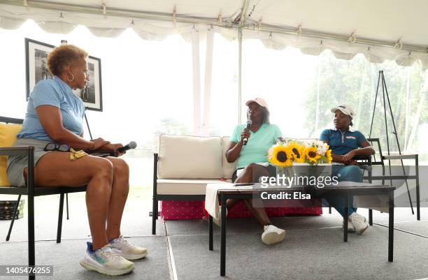 Diana Patton and Professional golfers Mariah Stackhouse and Renee Powell on stage during the Renee Powell Clearview Legacy Benefit at East Potomac...