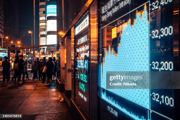 financial display board in mong kok, hong kong, china - trading board stock pictures, royalty-free photos & images