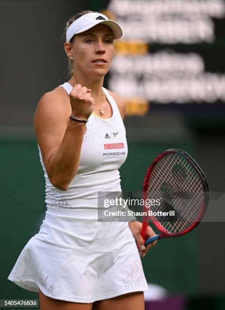 Angelique Kerber of Germany celebrates winning against Kristina Mladenovic of France during the Women's Singles First Round match during Day One of...