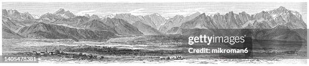 engraving illustration of mountain formations (mountain ranges) - chain mountains - karwendel and wetterstein in the northern limestone alps in austrian federal state of tyrol - landscape black and white stock pictures, royalty-free photos & images