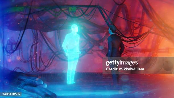 man meets his avatar or digital twin in the metaverse - tijdmachine stockfoto's en -beelden