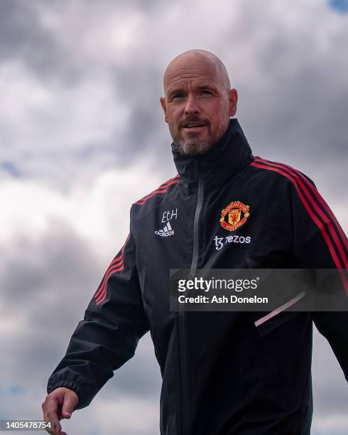 Manager Erik ten Hag of Manchester United in action during a first team training session at Carrington Training Ground on June 27, 2022 in...