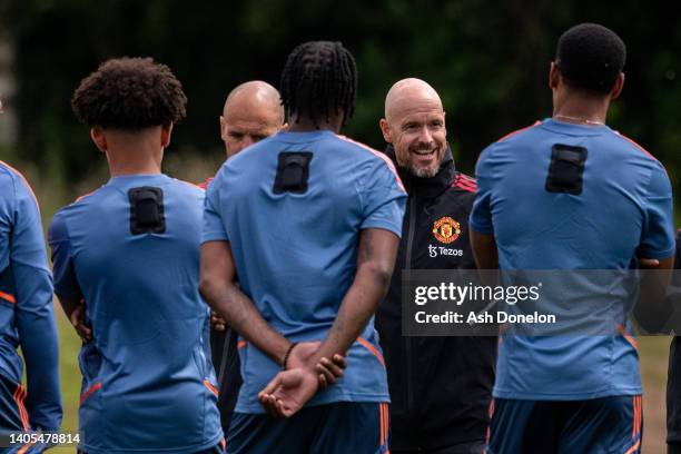 Manager Erik ten Hag of Manchester United in action during a first team training session at Carrington Training Ground on June 27, 2022 in...