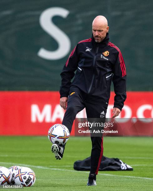 Manager Erik ten Hag of Manchester United in action during a first team training session at Carrington Training Ground on June 27, 2022 in...