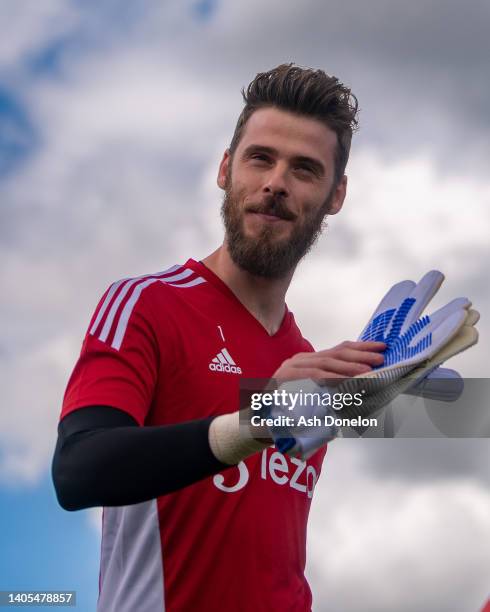 David de Gea of Manchester United in action during a first team training session at Carrington Training Ground on June 27, 2022 in Manchester,...