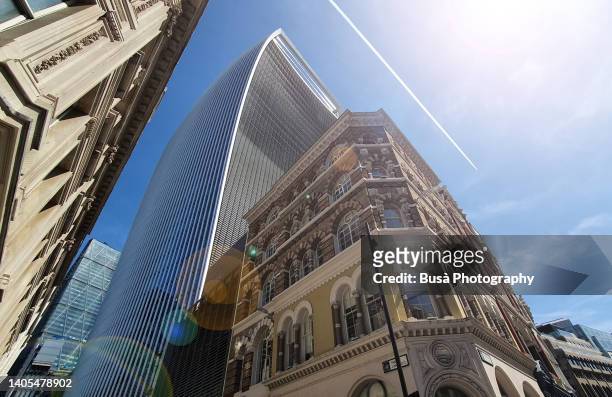 view of the walkie talkie building (20 fenchurch street) from eastcheap street in central london, england - vintage modern stock pictures, royalty-free photos & images
