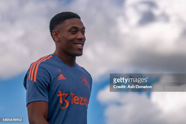 Anthony Martial of Manchester United in action during a first team training session at Carrington Training Ground on June 27, 2022 in Manchester,...