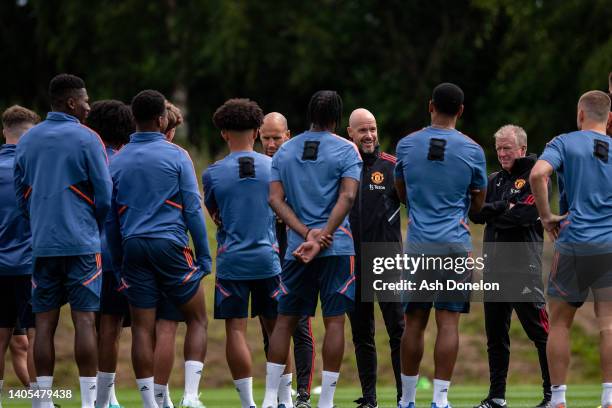 Manager Erik ten Hag of Manchester United in action during a first team training session at Carrington Training Ground on June 27, 2022 in...