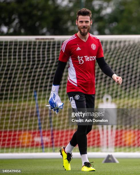 David de Gea of Manchester United in action during a first team training session at Carrington Training Ground on June 27, 2022 in Manchester,...