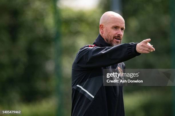 Manager Erik ten Hag of Manchester United in action during a first team training session at Carrington Training Ground on June 27, 2022 in...