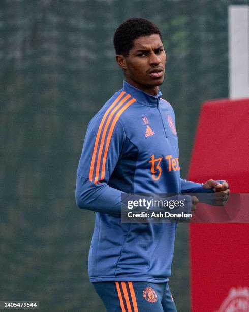 Marcus Rashford of Manchester United in action during a first team training session at Carrington Training Ground on June 27, 2022 in Manchester,...