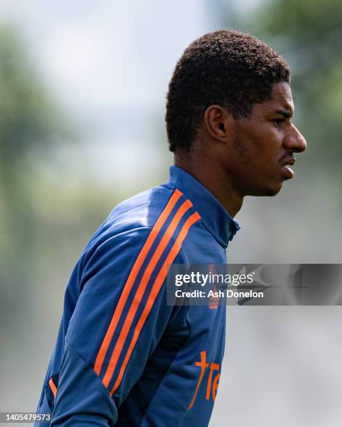 Marcus Rashford of Manchester United in action during a first team training session at Carrington Training Ground on June 27, 2022 in Manchester,...