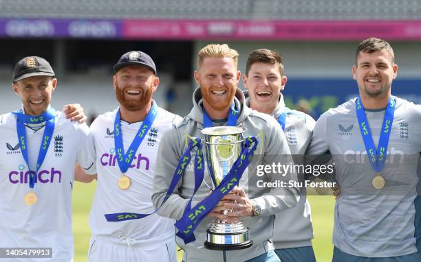 England captain Ben Stokes lifts the trophy as Joe Root Jonny Bairstow Matthew Potts and Alex Lees celebrate after their 3-0 series victory after day...